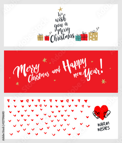 Set of Christmas and New Year social media banners. Hand drawn vector illustrations for website and mobile banners, internet marketing, greeting cards and printed material design.