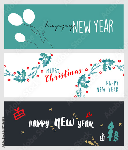 Set of Christmas and New Year social media banners. Hand drawn vector illustrations for website and mobile banners, internet marketing, greeting cards and printed material design.