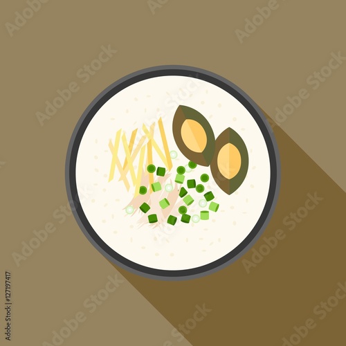 Chinese porridge rice, Hong kong Congee with chicken and preserved egg
 in bowl, asian cuisine, flat design vector