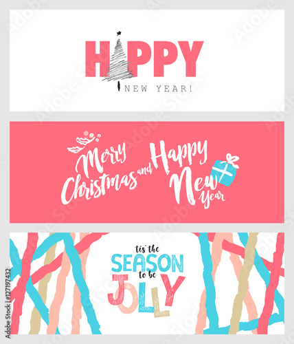 Set of Christmas and New Year social media banners. Hand drawn vector illustrations for website and mobile banners, internet marketing, greeting cards and printed material design.