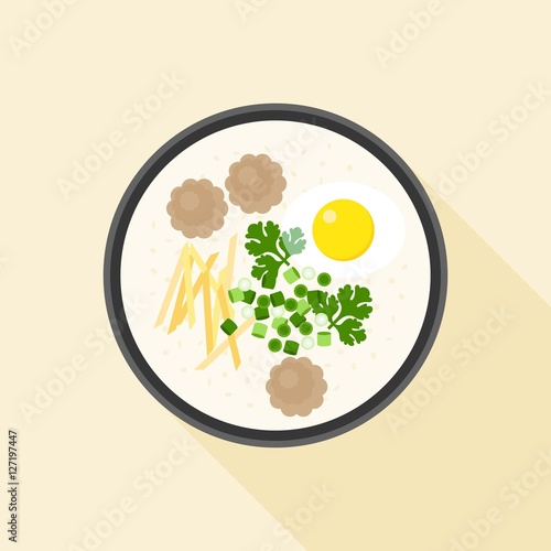 Chinese porridge rice, Hong kong Congee with parboiled egg and minced pork in bowl, asian cuisine, flat design vector