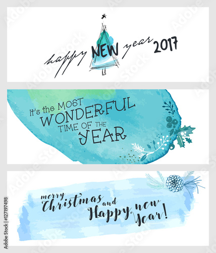 Set of Christmas and New Year social media banners. Hand drawn vector illustrations for website and mobile banners, internet marketing, greeting cards and printed material design.