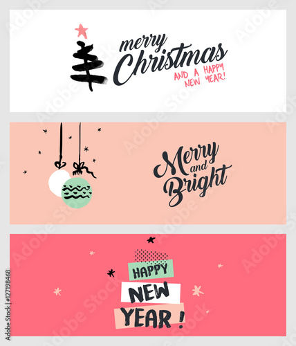 Set of Christmas and New Year social media banners. Hand drawn vector illustrations for website and mobile banners, internet marketing, greeting cards and printed material design.
