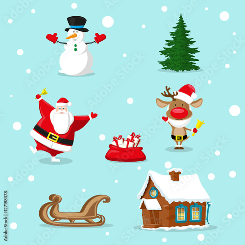 Set of Merry Christmas symbols. Santa Claus  snowman  deer  christmas tree  red bag  gifts box  house  sleigh. Design elements for decoration banner  poster  flyer  greeting card. Cartoon style vector