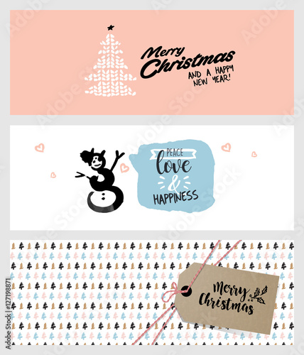 Set of Christmas and New Year social media banners. Hand drawn vector illustrations for website and mobile banners, internet marketing, greeting cards and printed material design.