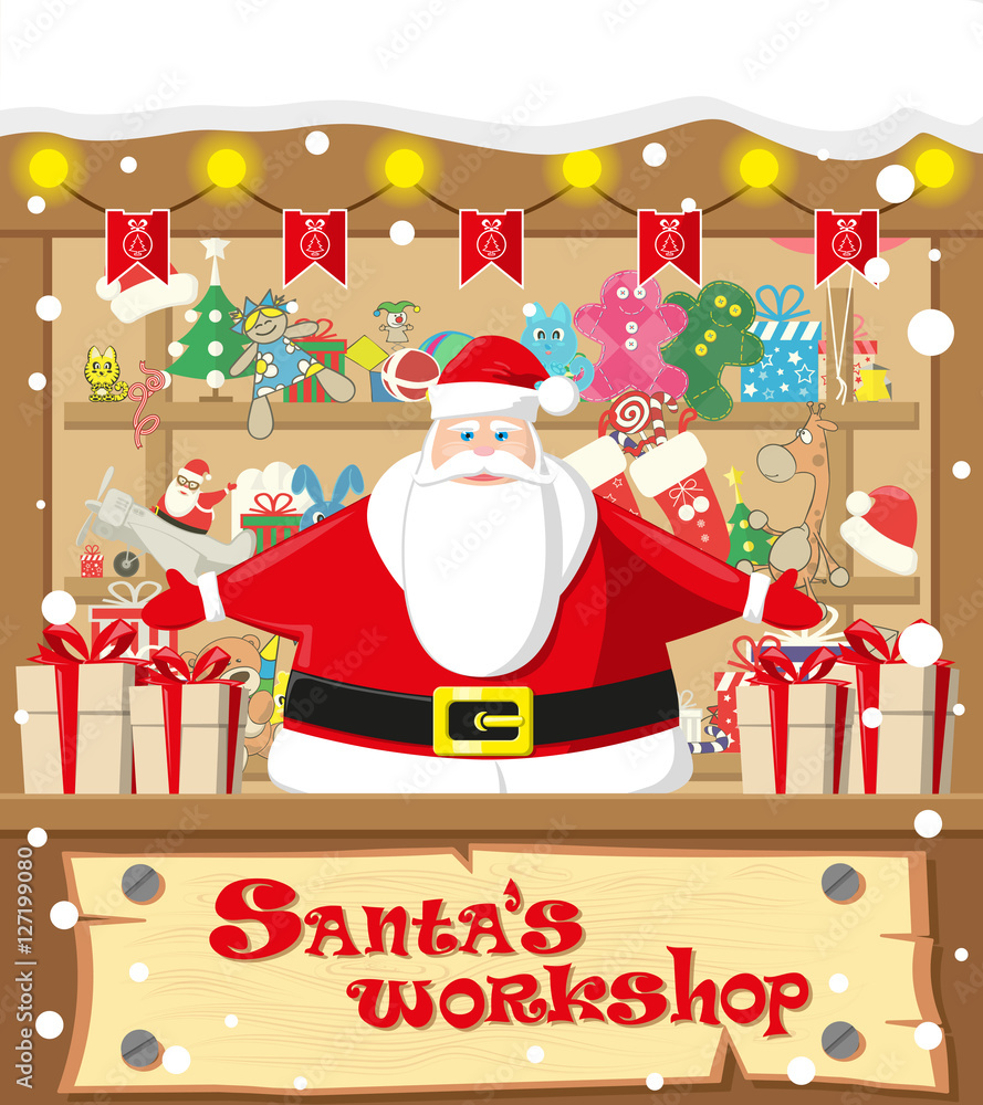 Merry Christmas background. Santa workshop. Cute Santa Claus and gifts, toys,  dolls, box and lamp garlands with flags. Concept banner, poster, flyer,  greeting card. Cartoon style vector illustration Stock Vector | Adobe