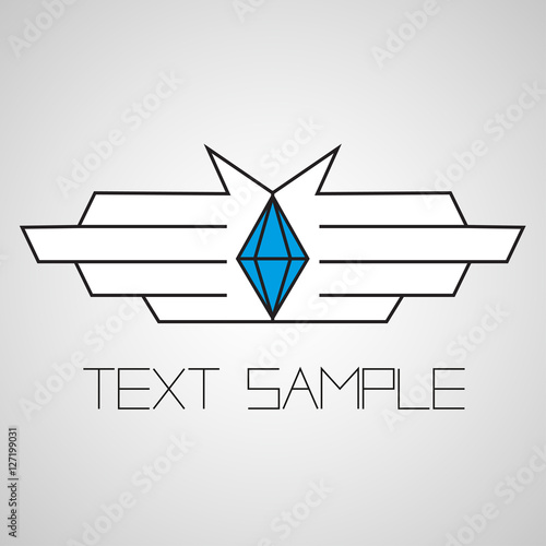 White emblem with black contour of the hands or wings with blue sapphire stone on gray background. Vector logo