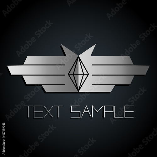 Silver or steel emblem of the hands or wings with gray stone on black background. Vector logo