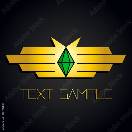 Gold emblem of the hands or wings with green emerald stone on black background. Vector logo