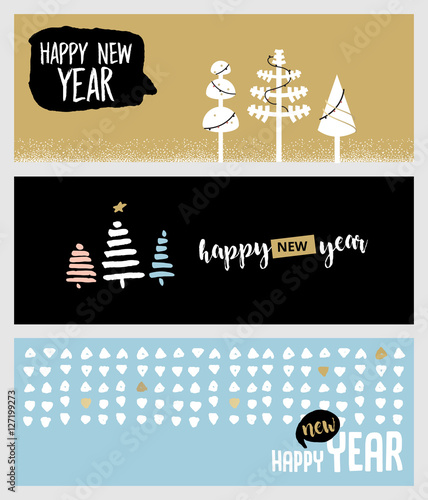 Set of Christmas and New Year social media banners. Hand drawn vector illustrations for website and mobile banners, internet marketing, greeting cards and printed material design.
