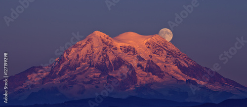 Moonrise  at sunset over Mt Rainier photo
