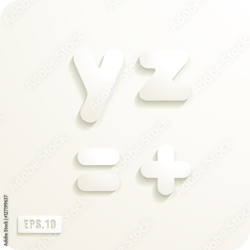 3d Joyful set of cut paper vector lowercase letters, y,z,equal, plus. Eps 10.