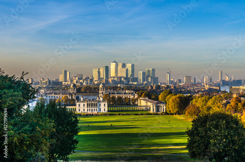 London skyline and Canary Wharf from Greenwich Park in Autumn 