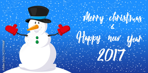 Merry Christmas and Happy New Year 2017 banner. Cute snowman in hat on background snowflakes. Hand drawn lettering. Cartoon style. Concept design poster, greeting card or flyer. Vector illustration