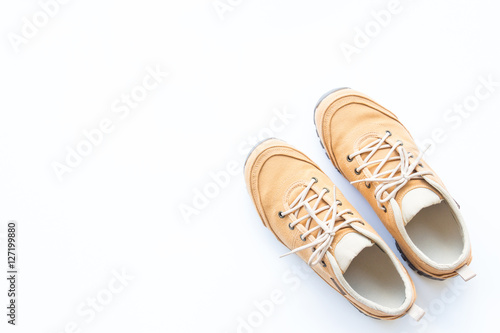 Men's casual outfits with brown shoes, travel preparations on white background