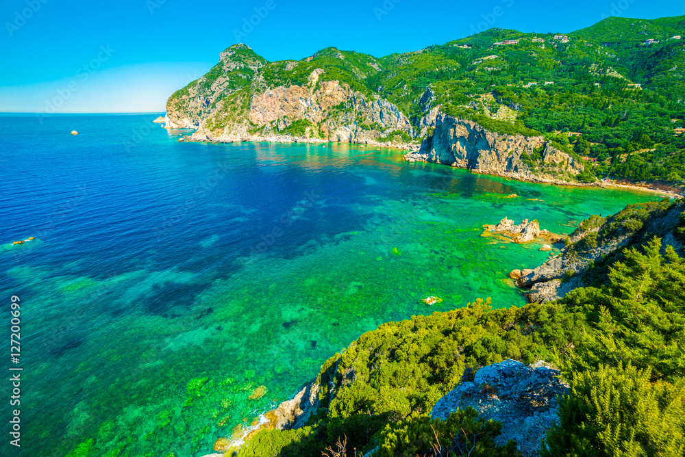 Amazing landscape azure bay in Paleokastritsa in Corfu island, Greece