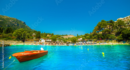 Boats on the water on the Palaiokastritsa beach. Corfu islands, Greece.