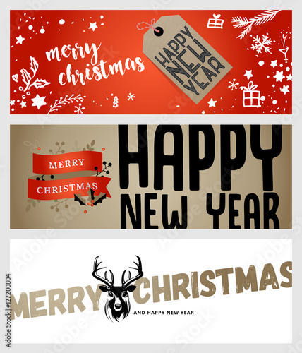 Set of Christmas and New Year social media banners. Hand drawn vector illustrations for website and mobile banners, internet marketing, greeting cards and printed material design.