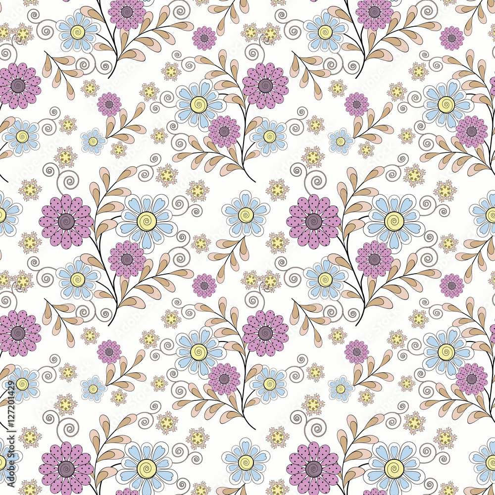 Floral seamless pattern ,cute cartoon flowers white background  . For printing on fabric and paper.