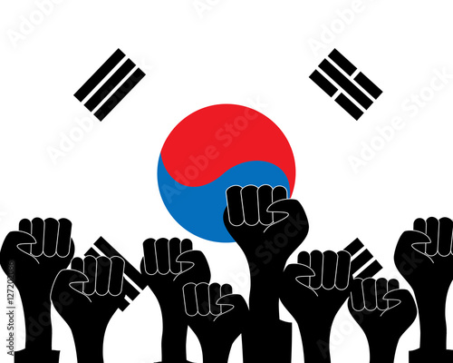 .silhouettes hand compressed in a fist against the background of the flag of South Korea. symbol of protest for the resignation of President