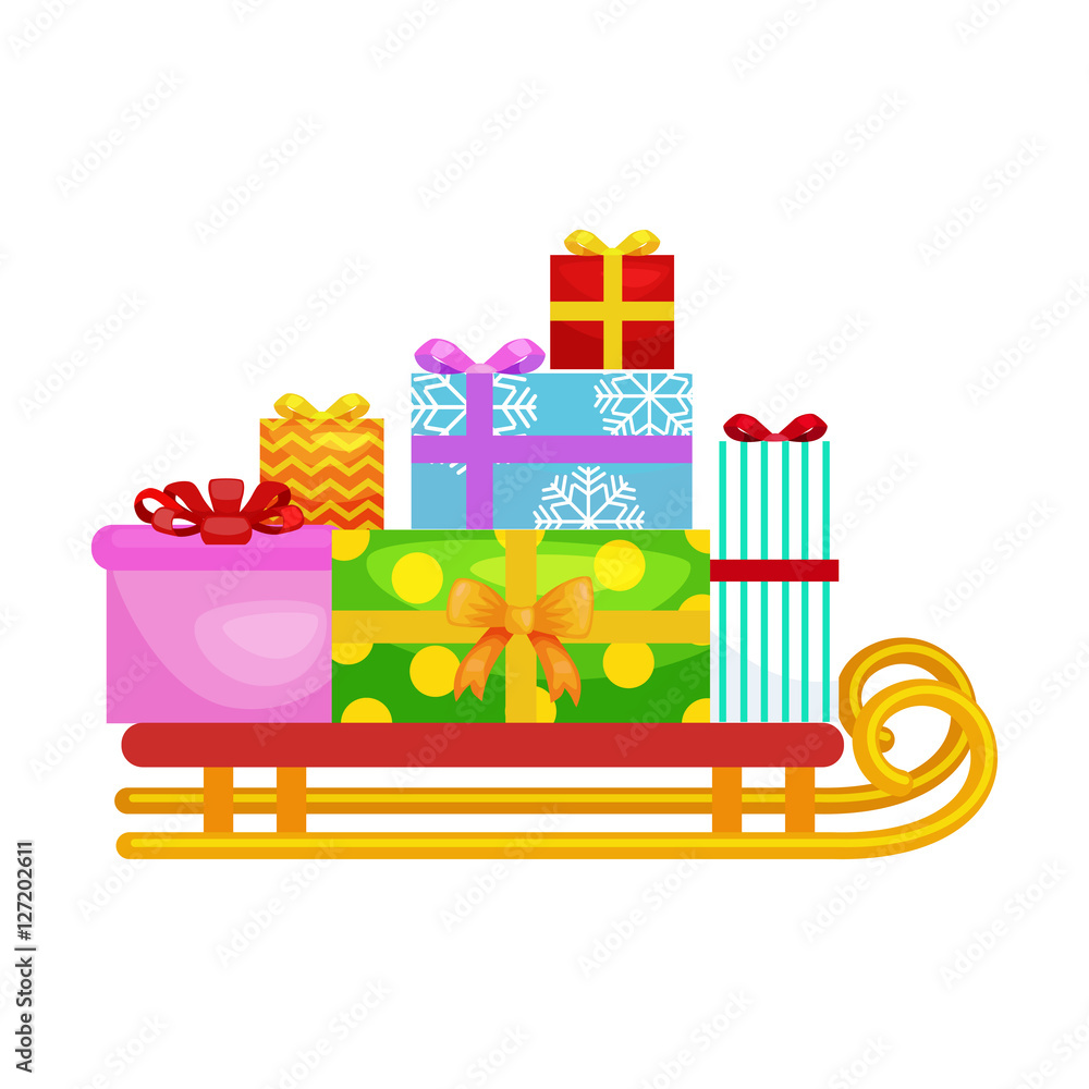 Fototapeta premium christmas gifts in stack box on sled, winter holiday xmas present decorated with ribbon vector illustration