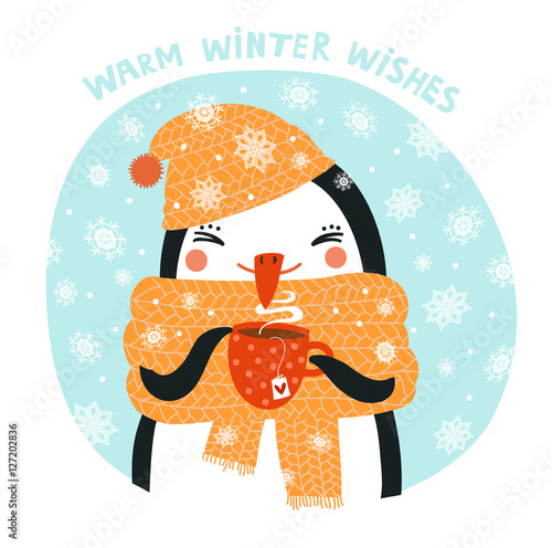 Cute penguin drinking tea or coffee. Christmas card