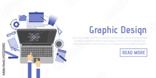Flat design style modern vector illustration icons set of graphic designer items and tools, office various objects and equipment. Isolated on stylish color background