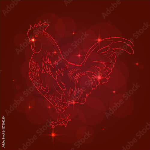 Fiery cock. Sign, symbol. Star background. Vector illustration.