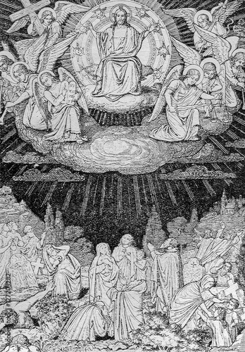 SEBECHLEBY, SLOVAKIA - JULY 27, 2015: The Last judgment lithography by artist Scheuchl 1907 in the book 