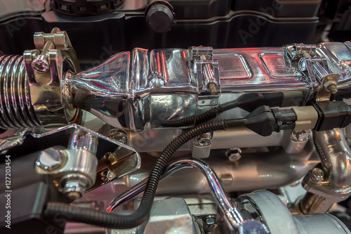 Close-up shot of diesel truck engine