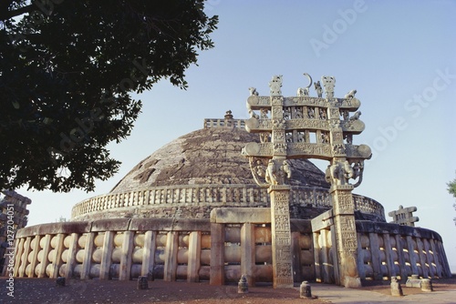Buddhist stupa and torana (gateway) of Stupa 1, known as the Great Stupa, built by the Emperor Ashoka in the 3rd century BC, at Sanchi, Madhya Pradesh