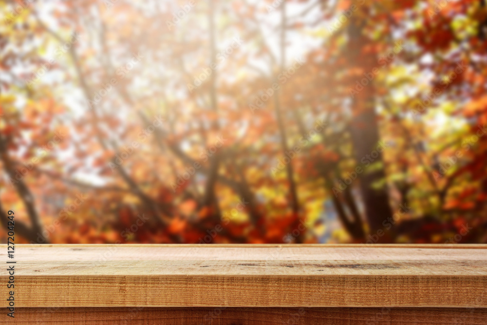 Wooden table and blur beautiful autumn forest background. Wooden table and blur beautiful autumn forest background.