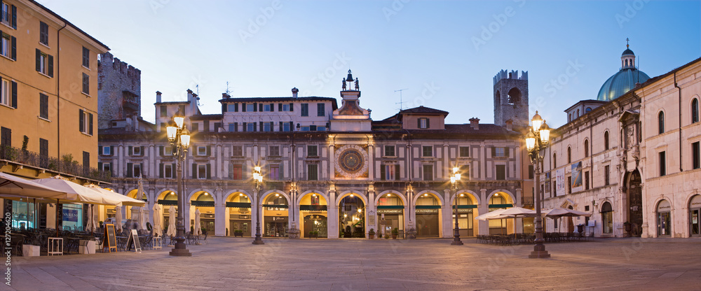 BRESCIA, ITALY - MAY 20, 2016: The panorama of Piazza della Loggia square at dusk.