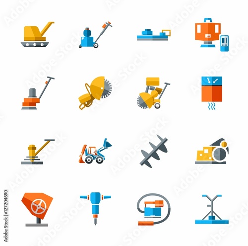 Equipment for working with concrete, construction equipment, icon color. Colored flat vector image of construction equipment and tools on white background. 