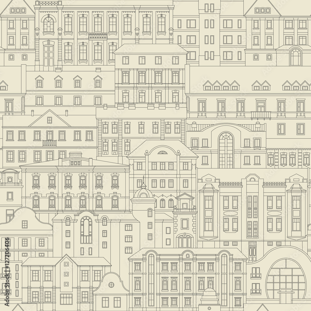 Vector seamless vintage pattern of old houses of nonexistent city. Thin line facades are arranged one behind the other. Black on beige background.