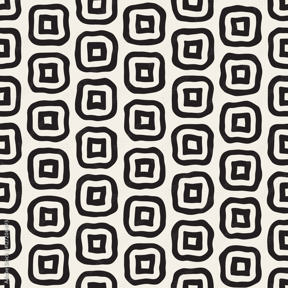 Vector Seamless Black and White Hand Drawn Rounded Rectangles Pattern