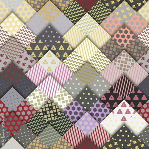 Seamless vector vintage pattern. Paper gray squares with colorful ornaments lying on each other. Holiday packages, wallpaper, background.