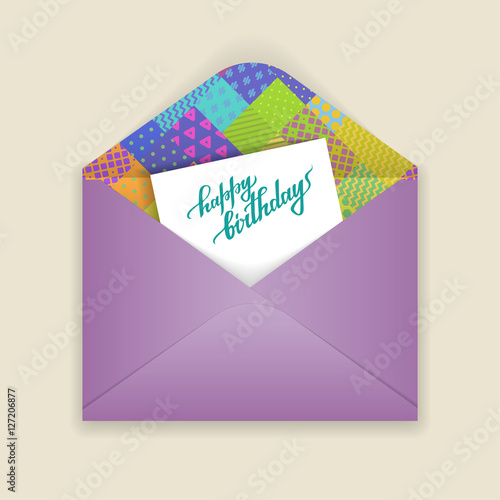 Vector holiday illustration. Open lilac envelope of patterned paper and card with the words "Happy Birthday" inside.