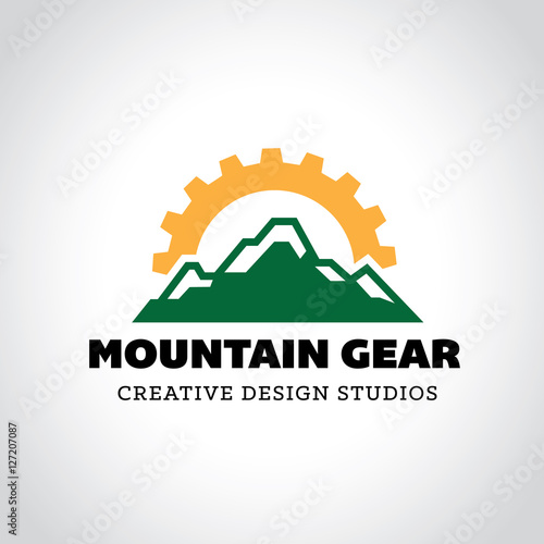 Mountain logo, Mountain and gear symbol.