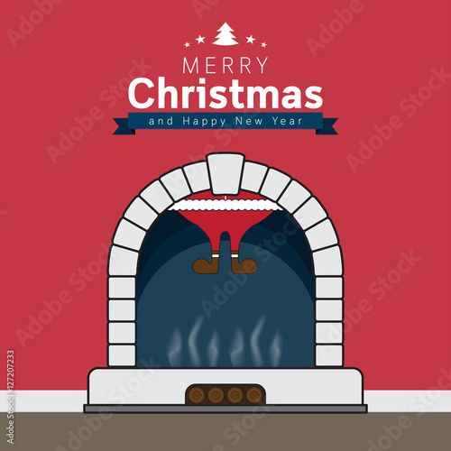 Fireplace with santa claus and wording greeting card on red background.