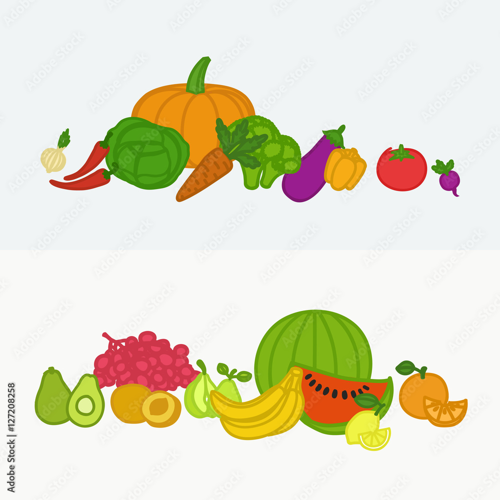 Vector collection of fresh healthy fruits and vegetables made in flat style. Healthy lifestyle or diet design banners.