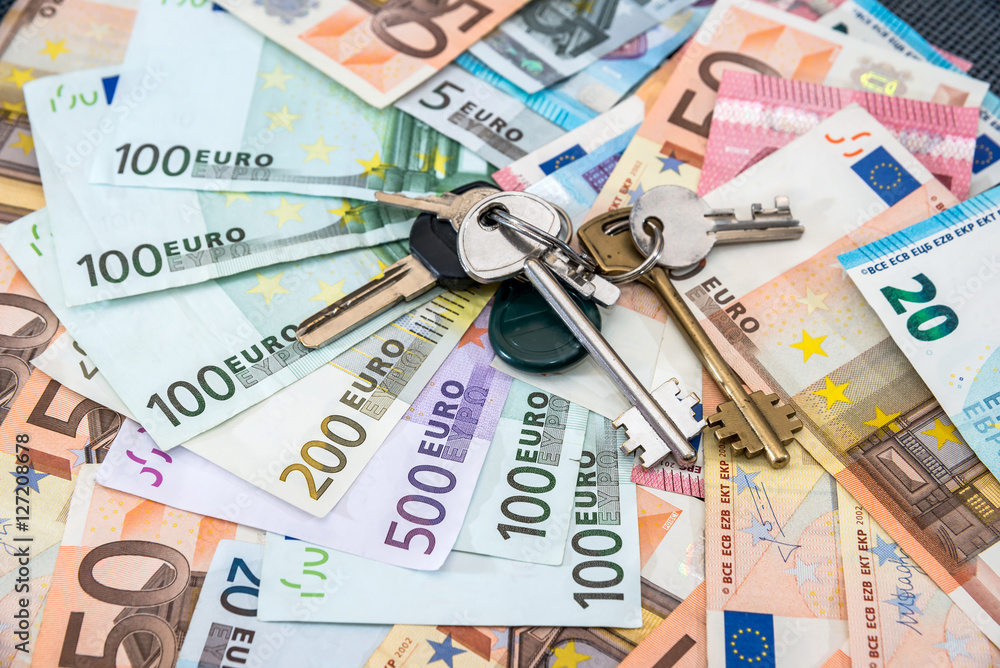 house key on euro bills as background house key on euro bills as background