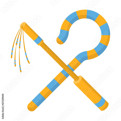 Crook and flail icon in cartoon style isolated on white background. Ancient Egypt symbol stock vector illustration.