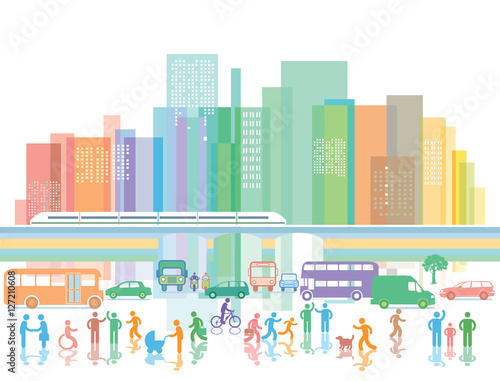 große Stadt mit Personen und Straßenverkehr