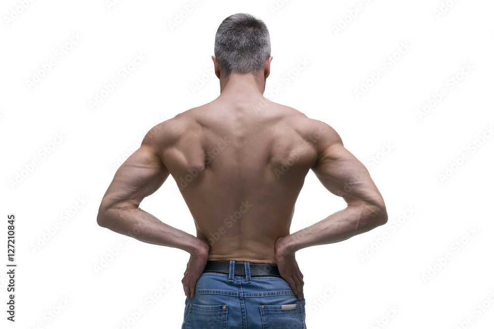 Fototapeta premium Muscular middle-aged man posing on white background, isolated studio shot, back view