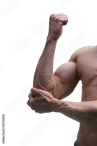 Muscular biceps close-up isolated on white background