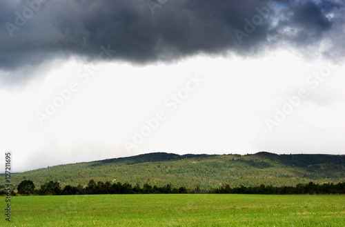 Horizontal Norway field under overcast clouds background