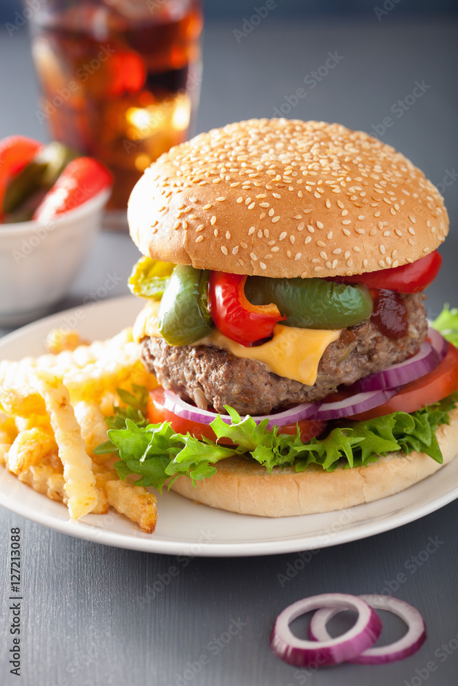 homemade cheese burger with peppers tomato onion homemade cheese burger with peppers tomato onion