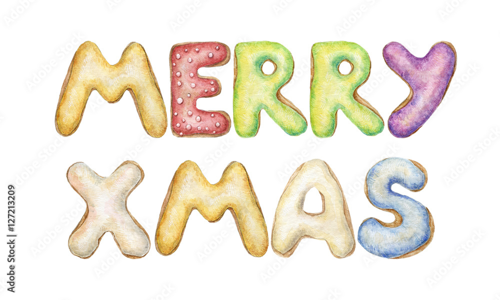 Naklejka premium Hand painted watercolor words Merry Xmas donut alphabet isolated on white. Xmas lettering 