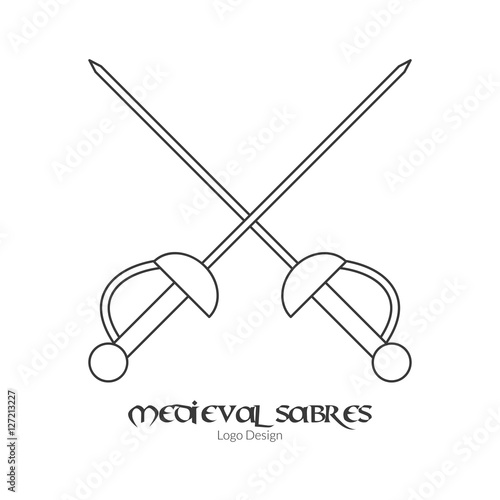 Medieval crossed sabres, swords. Single rapier logo in modern thin line style isolated on white background. Outline medieval theme symbol. Simple mono linear pictogram. Stroke vector logotype template